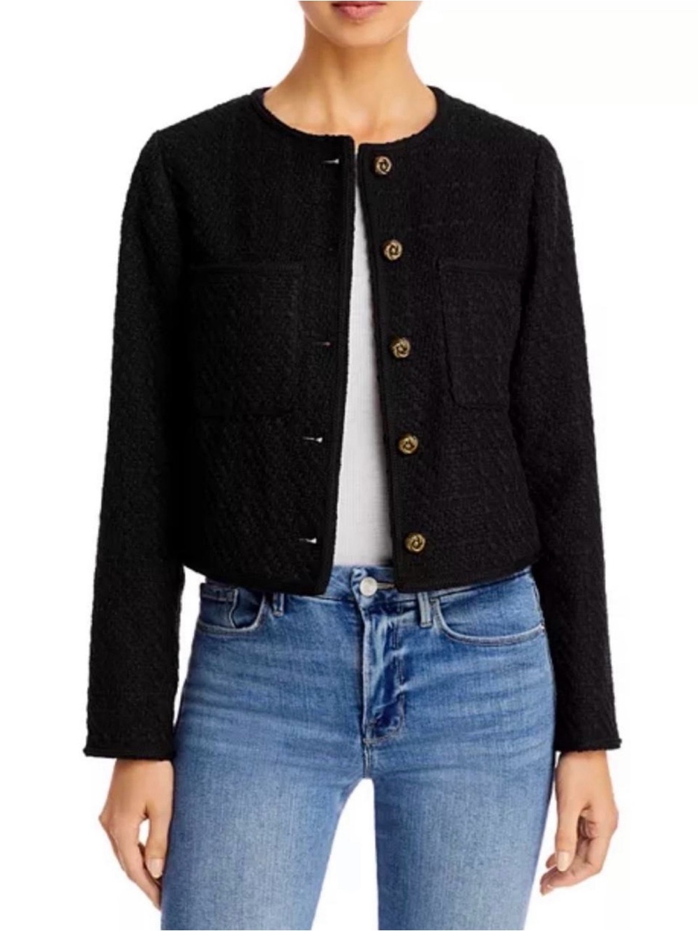 Aqua Black Bouclé Blazer with Gold Buttons